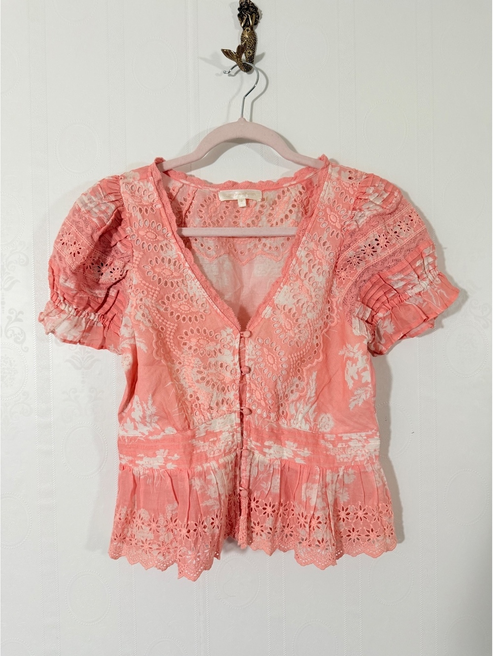 Loveshackfancy Annalee Pink Lace Frill top in Coral | Size M